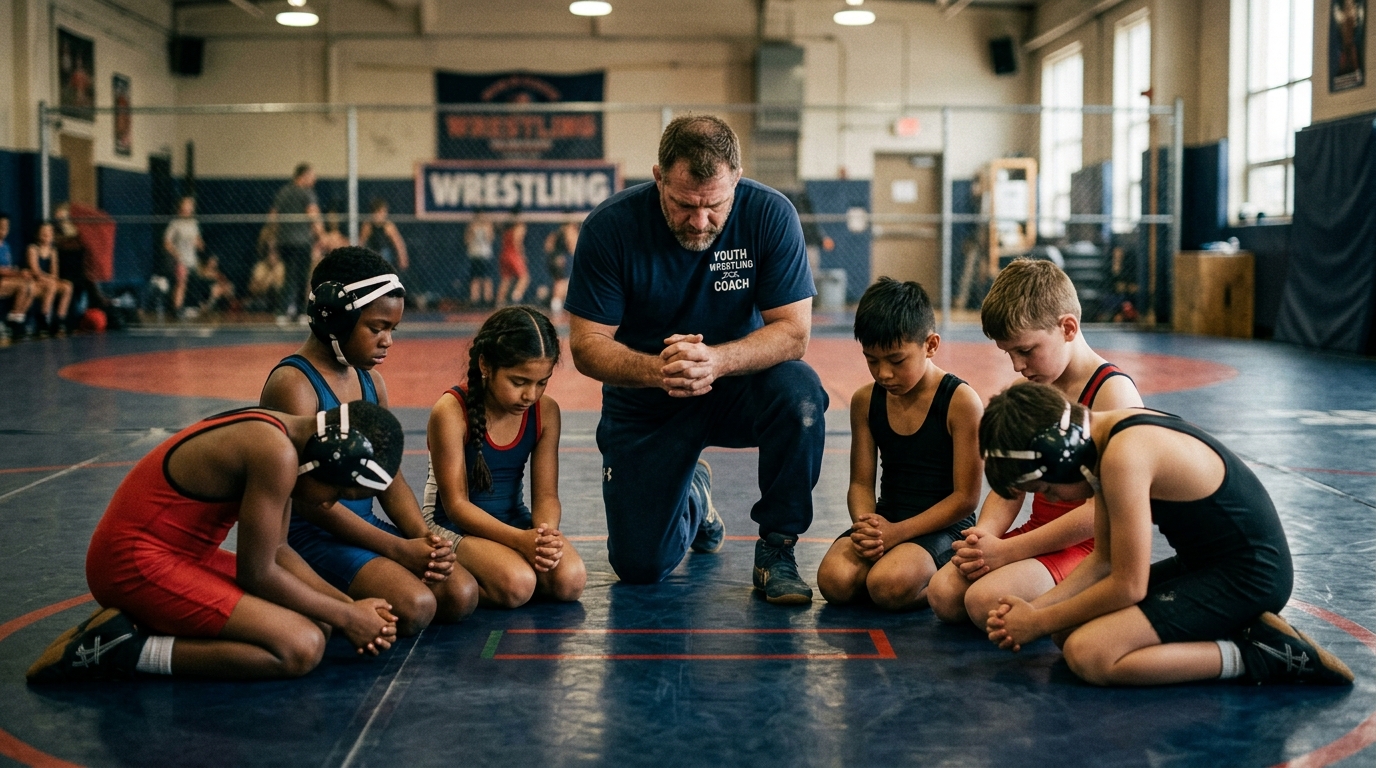 Coach and children praying on wrestling mats